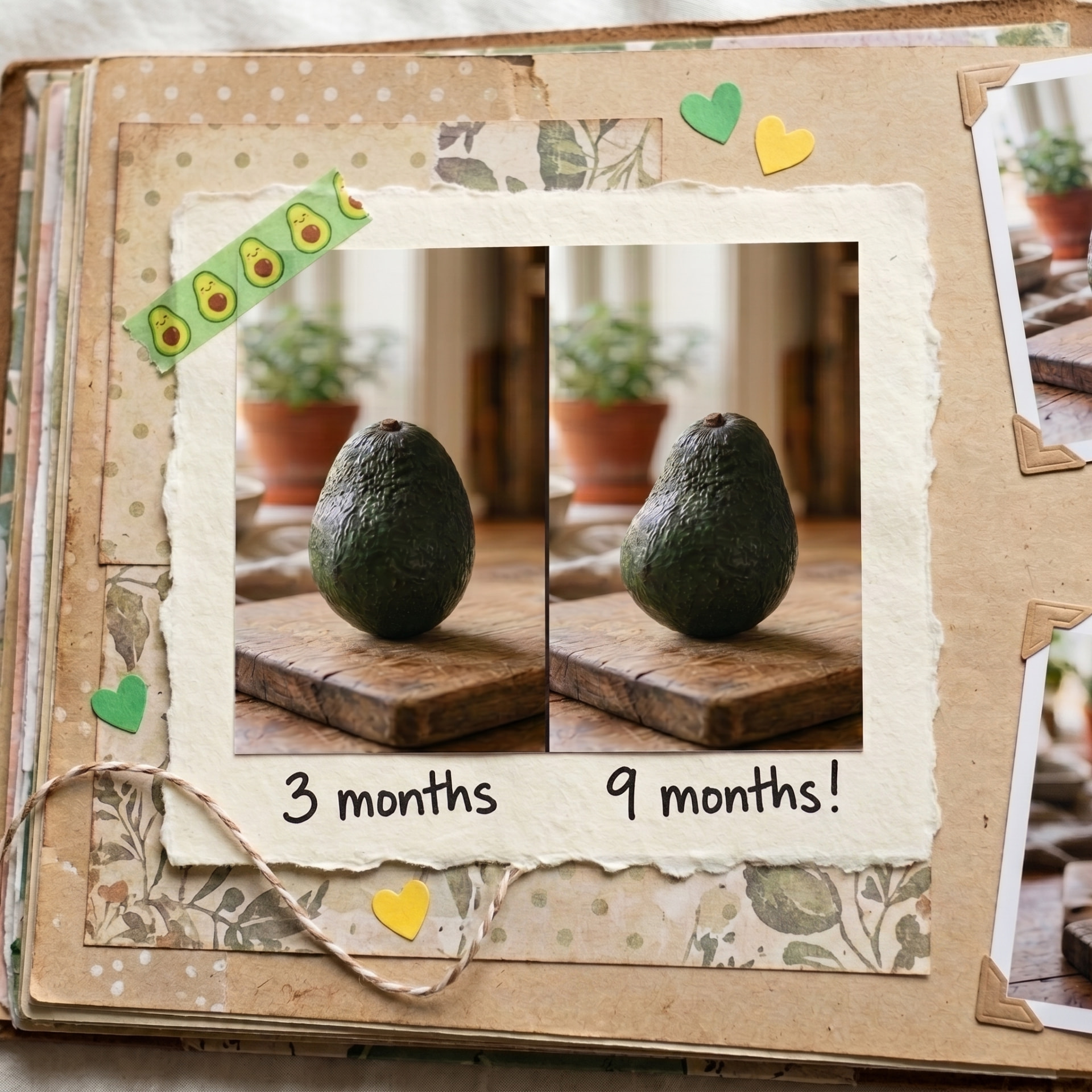 Scrapbook page comparing an avocado at 3 months and 9 months