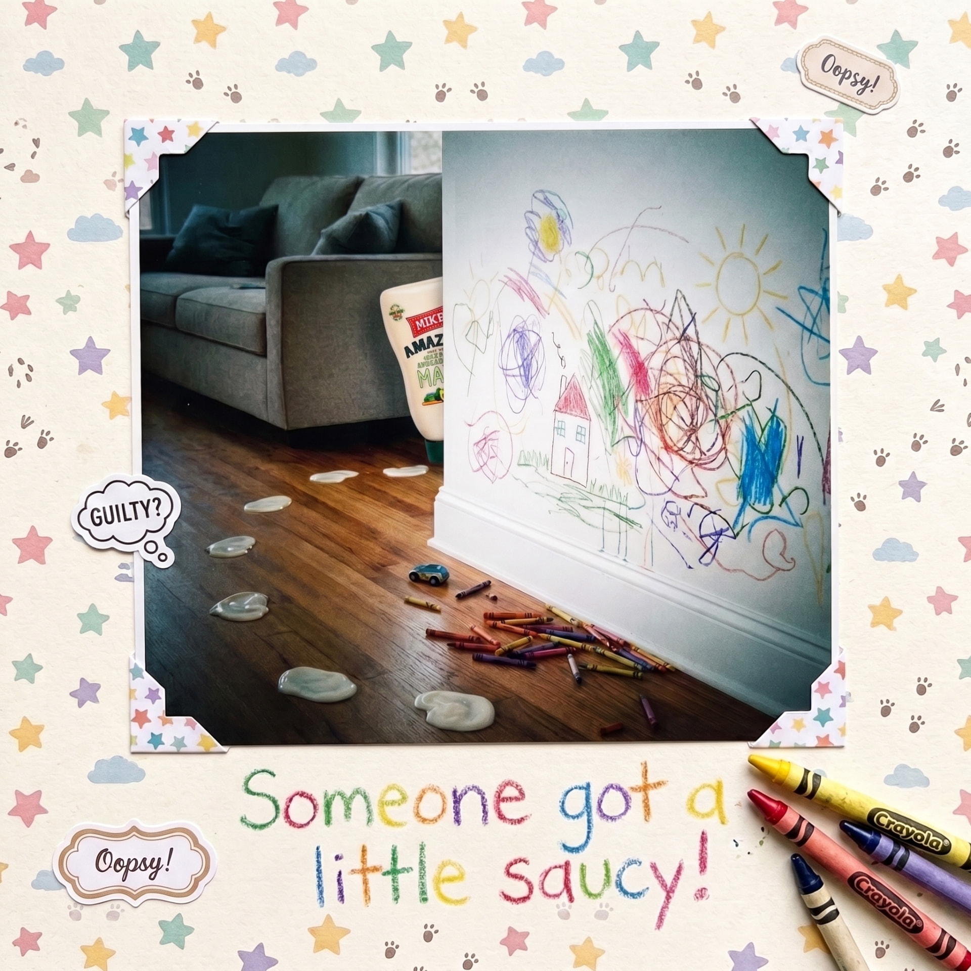 Crayon drawings on a wall with a trail of mayo on the floor