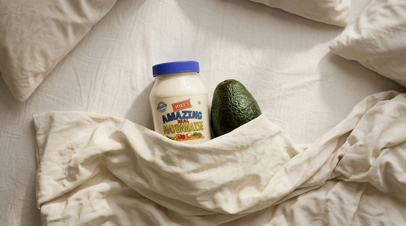 Mike's Amazing mayonnaise tucked into bed with an avocado