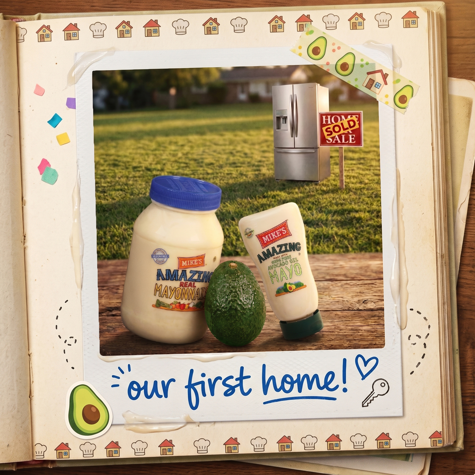 Mike's Amazing mayo bottles in front of a sold home sign